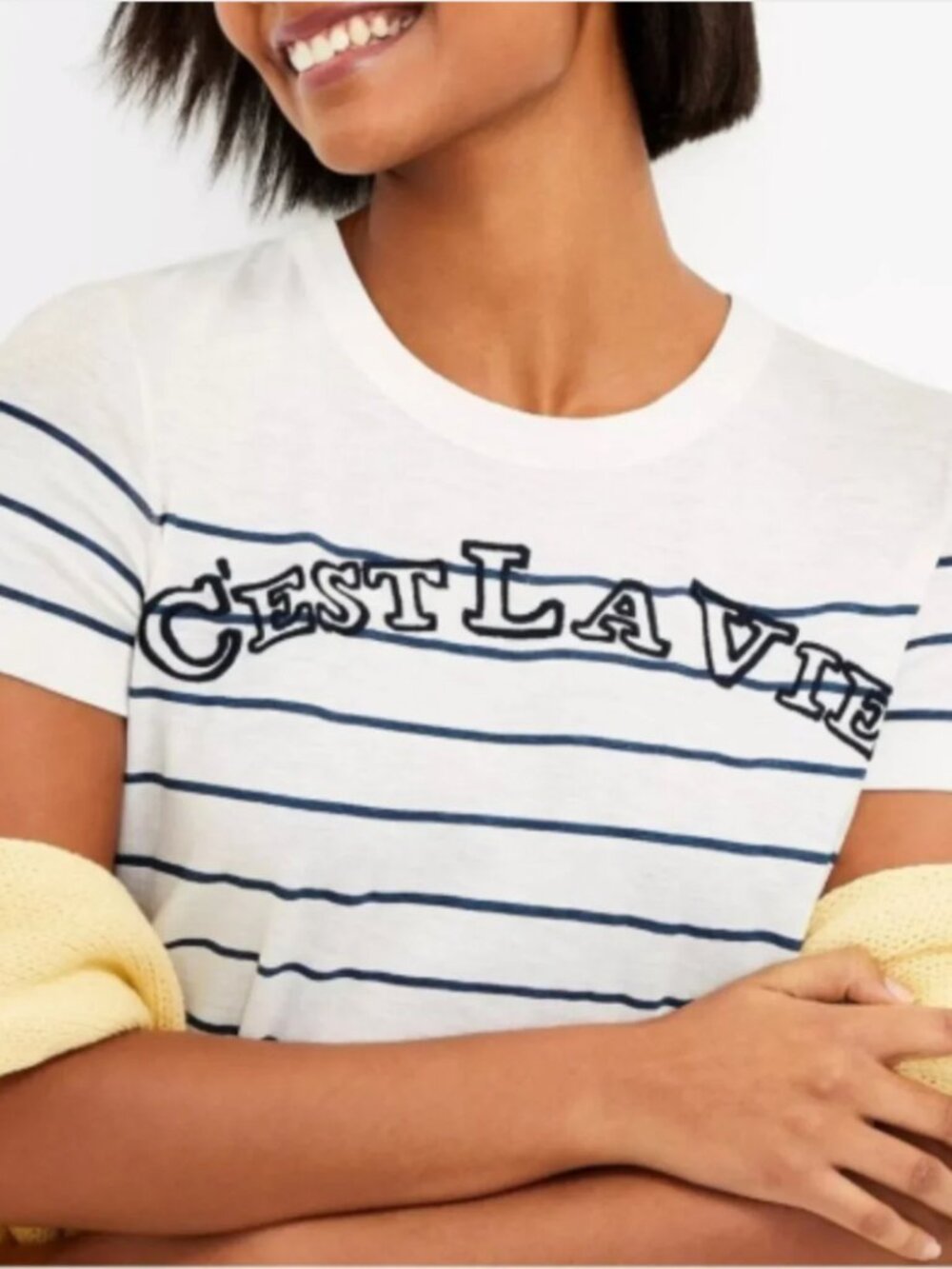 LOFT Embroidered "C'est La Vie" Striped Crew Tee | Size XXL | 100% Cotton